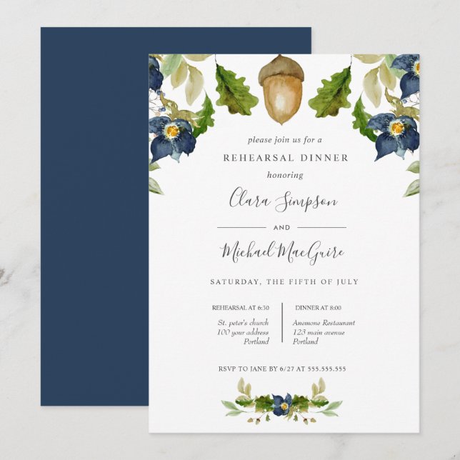Invitación Flores azul rosado brillante boda ensayo Cena (Anverso / Reverso)