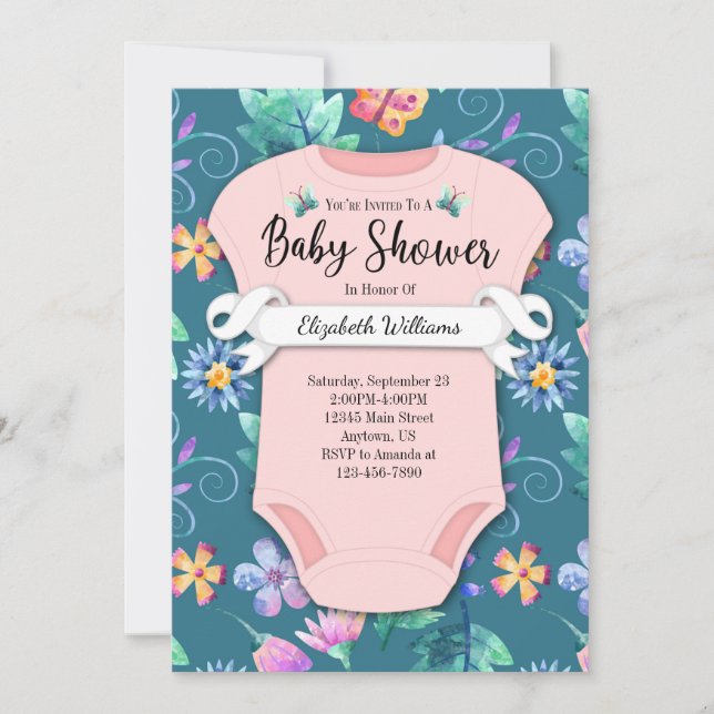 Invitación Flores azul rosado Verde azulado azul floral Baby  (Anverso)