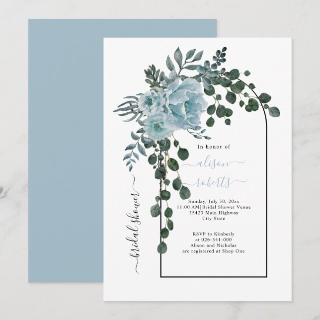 Invitación Flores azul turbia arco boda ducha de novia (Anverso / Reverso)