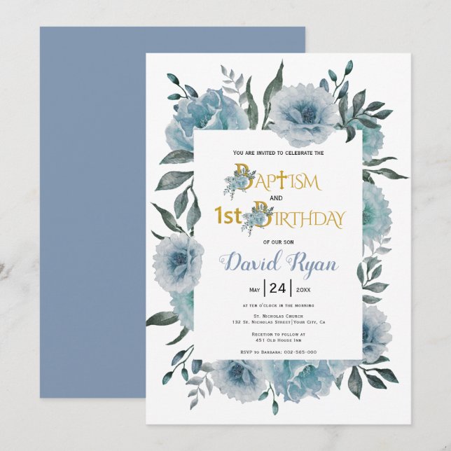 Invitación Flores azul turbias bautismo de niño y primer cump (Anverso / Reverso)
