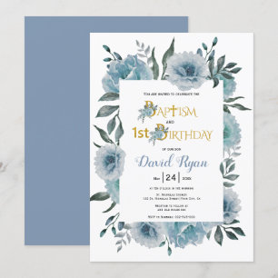 Invitación Flores azul turbias bautismo de niño y primer cump