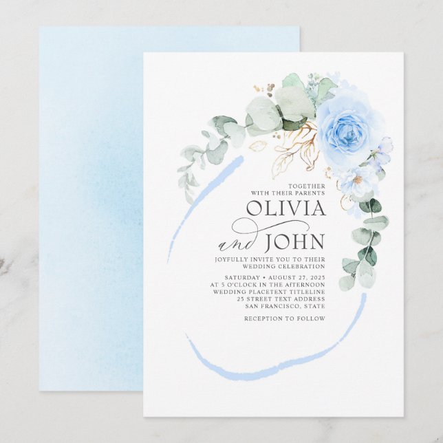 Invitación Flores azul turbias Boda romántico elegante y mode (Anverso / Reverso)