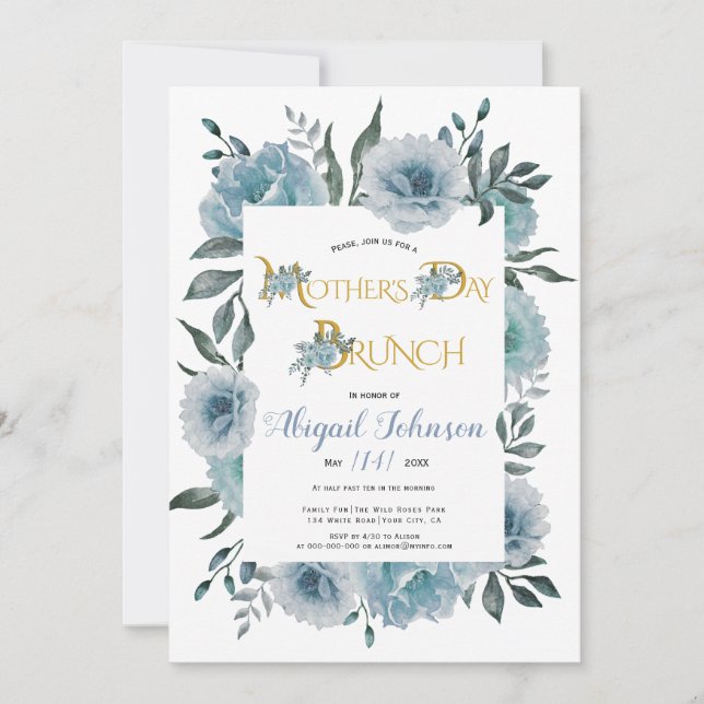 Invitación Flores azul turbias brunch de Día de la Madre (Anverso)