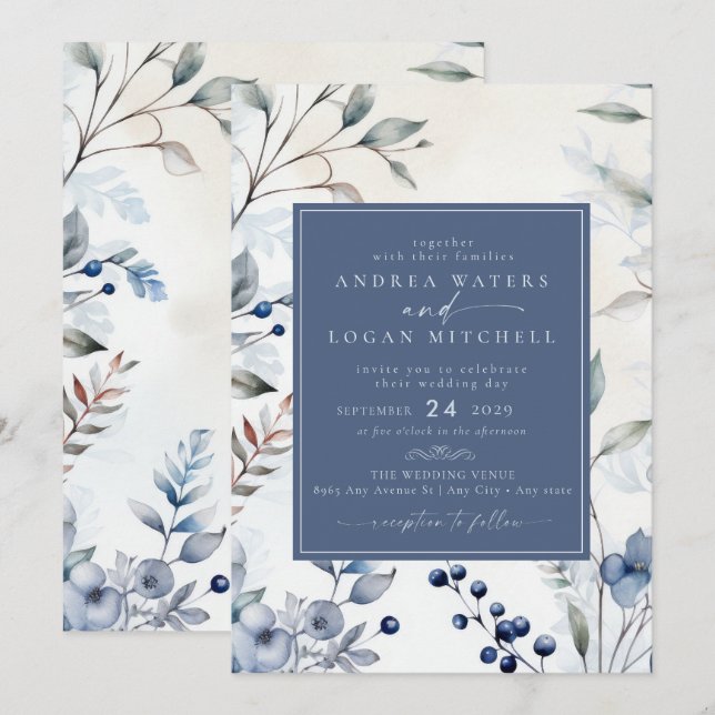 Invitación Flores azul turbias | Elegante Boda Jardín (Anverso / Reverso)