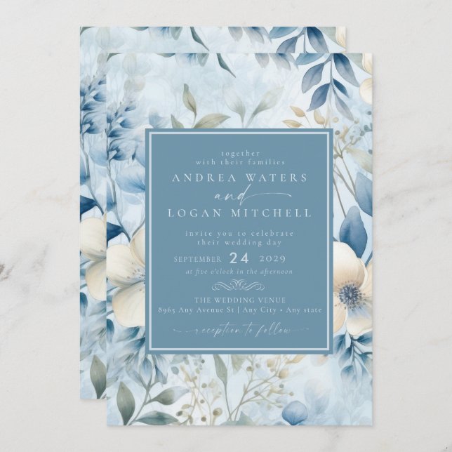 Invitación Flores azul turbias | Elegante Boda Jardín (Anverso / Reverso)