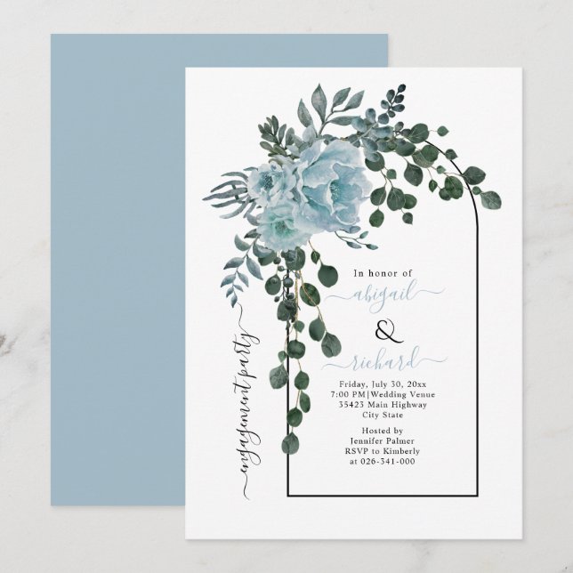 Invitación Flores azul turbias y fiesta de compromiso de arco (Anverso / Reverso)