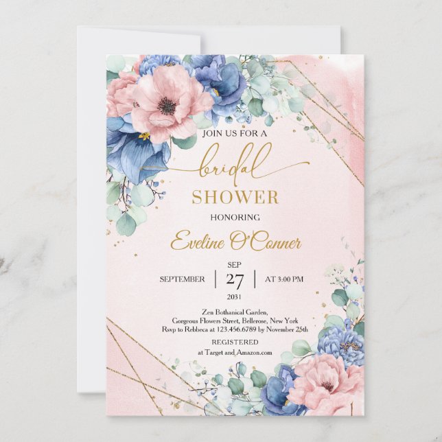 Invitación Flores azul turbio y rosa negro marco dorado (Anverso)