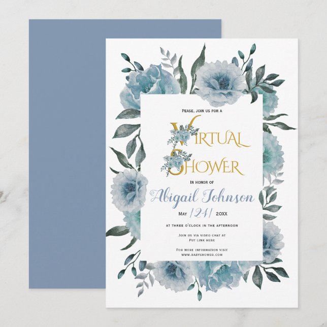 Invitación Flores azul turbulentas bebé virtual o ducha de no (Anverso / Reverso)