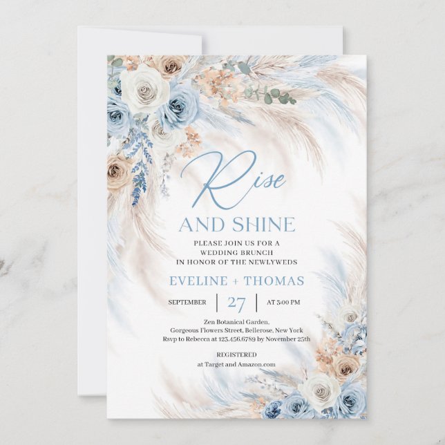 Invitación Flores azul turquesa y pampas brunch boda (Anverso)