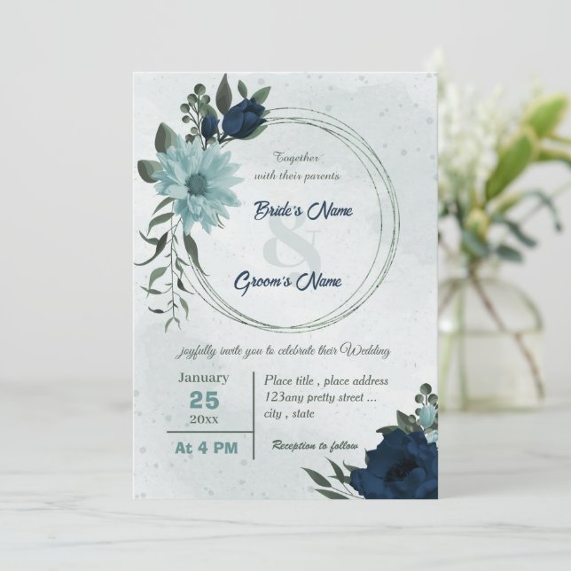 Invitación Flores azul y azul turbio boda de guirnaldas botán (Anverso de pie)
