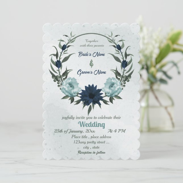 Invitación Flores azul y azul turbio boda de guirnaldas botán (Anverso de pie)