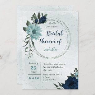 Invitación Flores azul y azul turbio con ducha de novia geomé