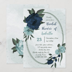 Invitación Flores azul y azul turbio con ducha de novia geomé