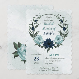 Invitación Flores azul y azul turbio con ducha de novia geomé