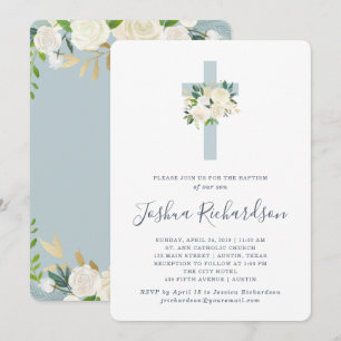 Invitación Flores azul y blanca  Bautismo de niño