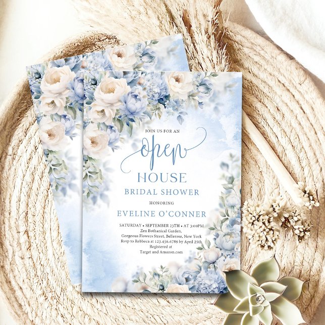 Invitación Flores azul y marfil polvorientos de invierno Open (Boho Elegant Dusty Blue and Ivory Flowers open house bridal shower invitation)