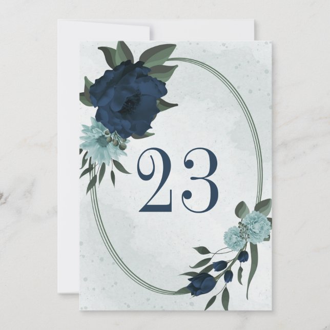 Invitación Flores azul y marina turbias número de tabla geomé (Anverso)