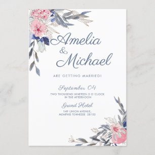 Invitación Flores azul y rosa de la marina