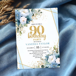 Invitación Flores Azules Acuarela Cumpleaños 90 Elegante