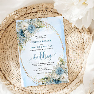 Invitación Flores Azules Acuarela Eucalipto Boda Dorada 