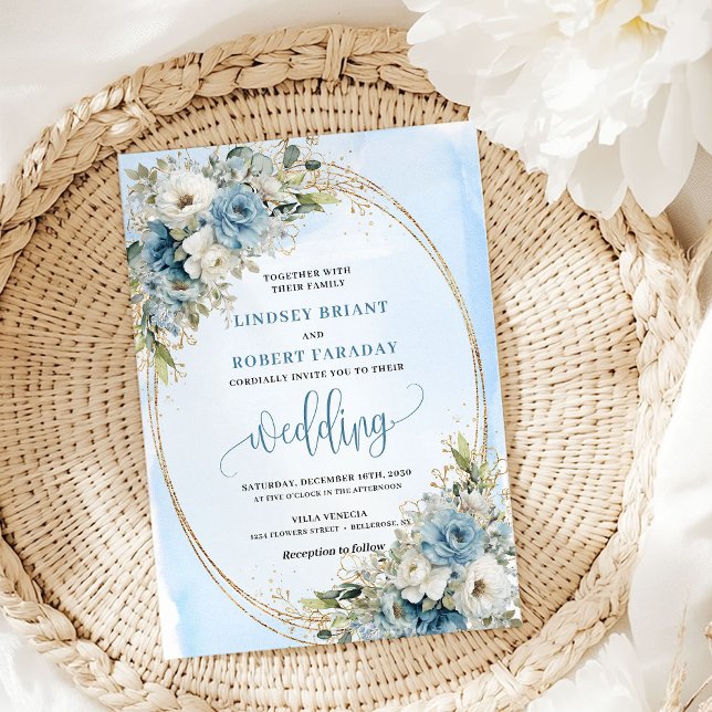 Invitación Flores Azules Acuarela Eucalipto Boda Dorada  (Watercolor Blue Flowers Eucalyptus Gold Wedding Invite)