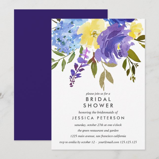 Invitación Flores azules amarillas Boda ducha de novia (Anverso / Reverso)