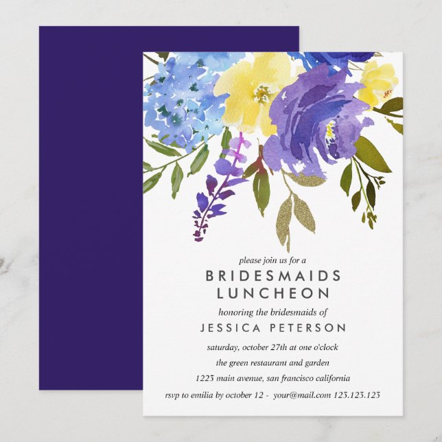 Invitación Flores azules amarillas Bridesmaids Boda Luncheon (Anverso / Reverso)