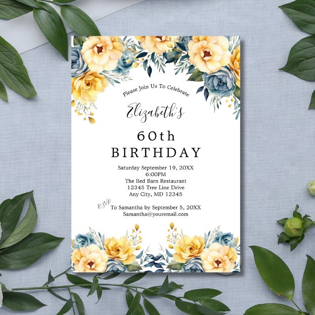 Invitación Flores azules amarillas Floral 60.º 70.º cumpleaño (Blue Yellow Watercolor Floral Elegant 50th 60th 70th 80th birthday invitation for her)