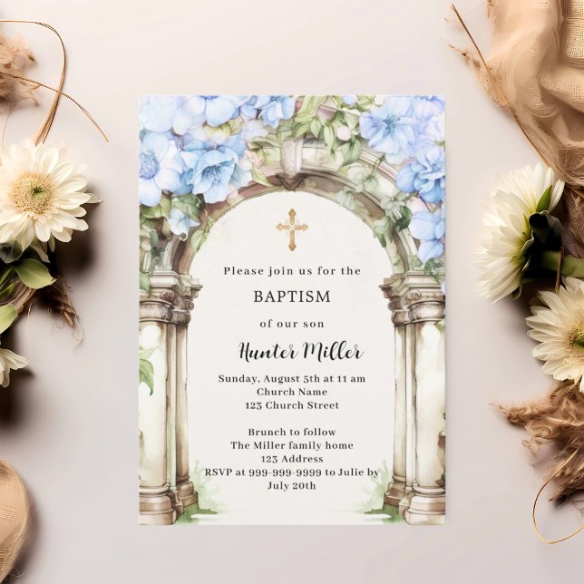 Invitación Flores azules arco niño beige Bautismo (Subido por el creador)