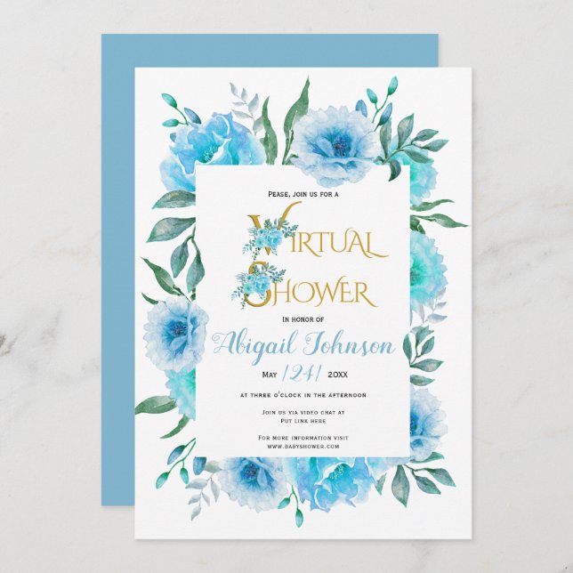 Invitación Flores azules bebé virtual o ducha de novia (Anverso / Reverso)