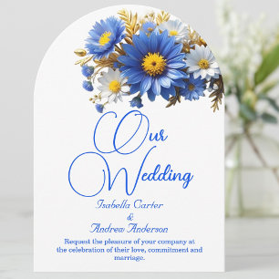 Invitación Flores azules blancas amarillas para boda elegante