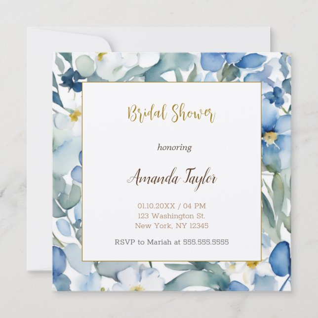 Invitación Flores azules blancas ducha mínima de novia (Anverso)