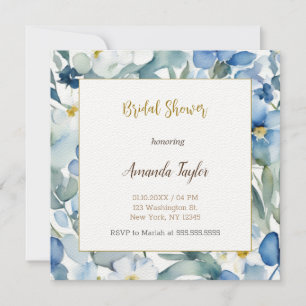 Invitación Flores azules blancas ducha mínima de novia