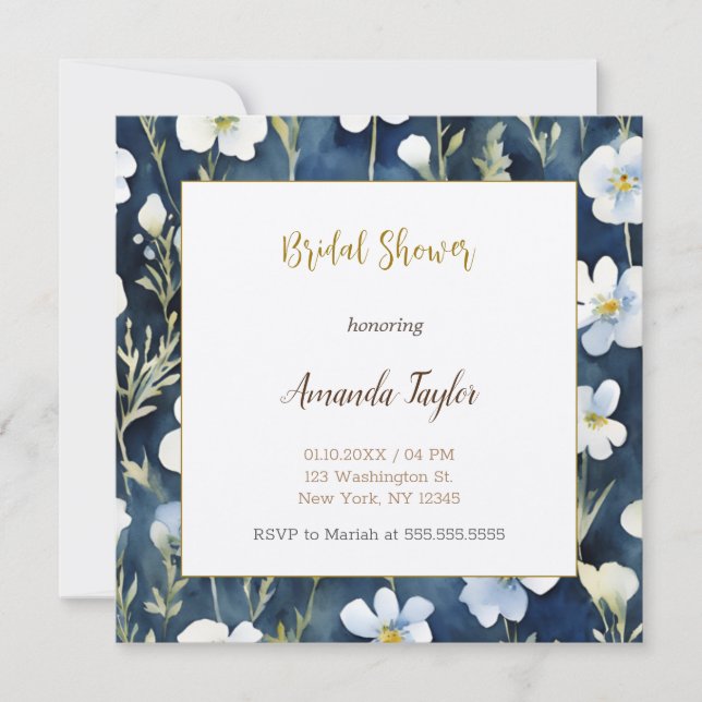 Invitación Flores azules blancas ducha mínima de novia (Anverso)