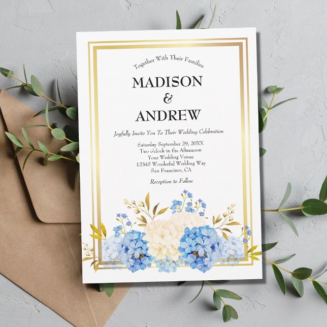 Invitación Flores azules blancas marco dorado matrimonio eleg (Subido por el creador)