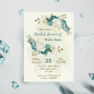 Invitación flores azules blancas verde ducha de novia