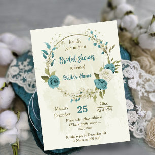 Invitación flores azules blancas verde ducha de novia