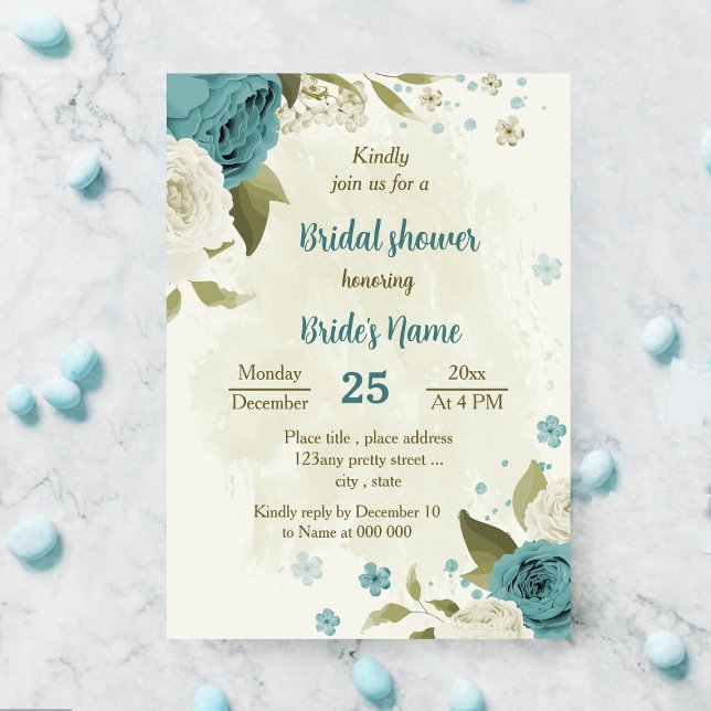 Invitación flores azules blancas verde ducha de novia (Subido por el creador)