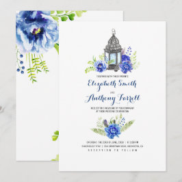 Invitación Flores azules Boda de color de agua de linterna vi