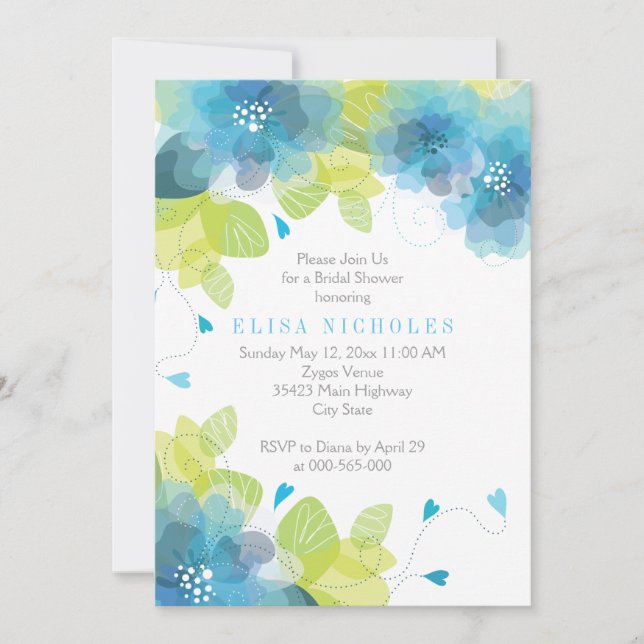 Invitación Flores azules boda floral ducha de novia (Anverso)