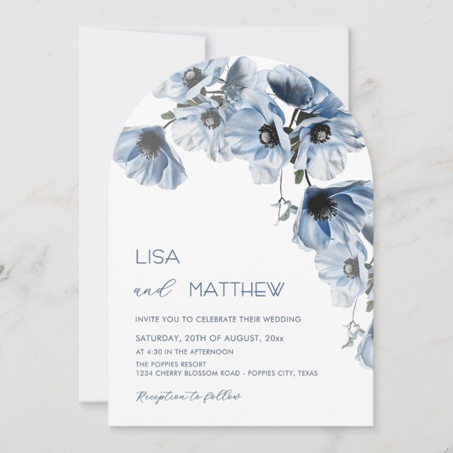 Invitación Flores Azules Boda Informal Blanca (Anverso)