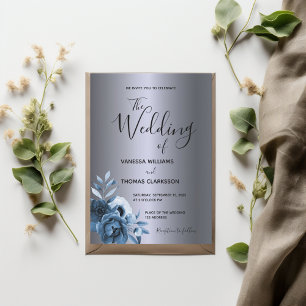 Invitación Flores azules boda metálico de plata oscura