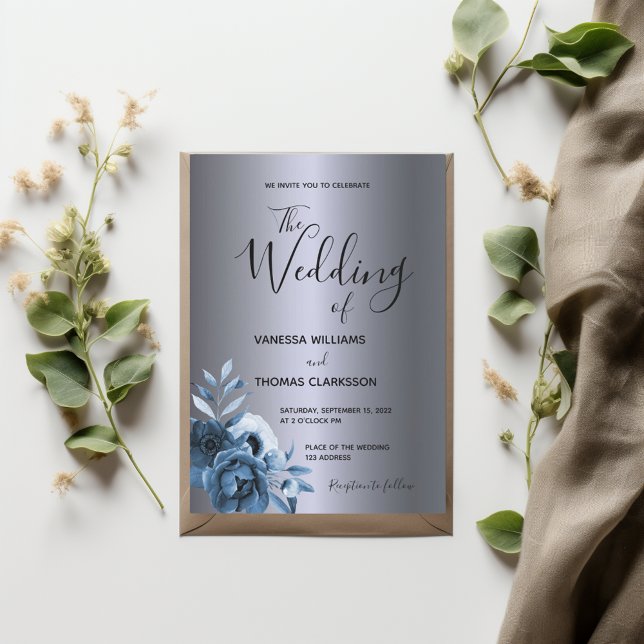 Invitación Flores azules boda metálico de plata oscura (Subido por el creador)