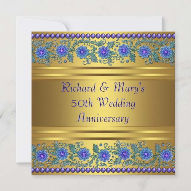 Invitación Flores Azules Bodas de Oro 50 Aniversario de Boda (Anverso)