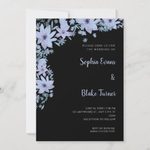 Invitación Flores Azules Bonitas Boda Negra Romántica