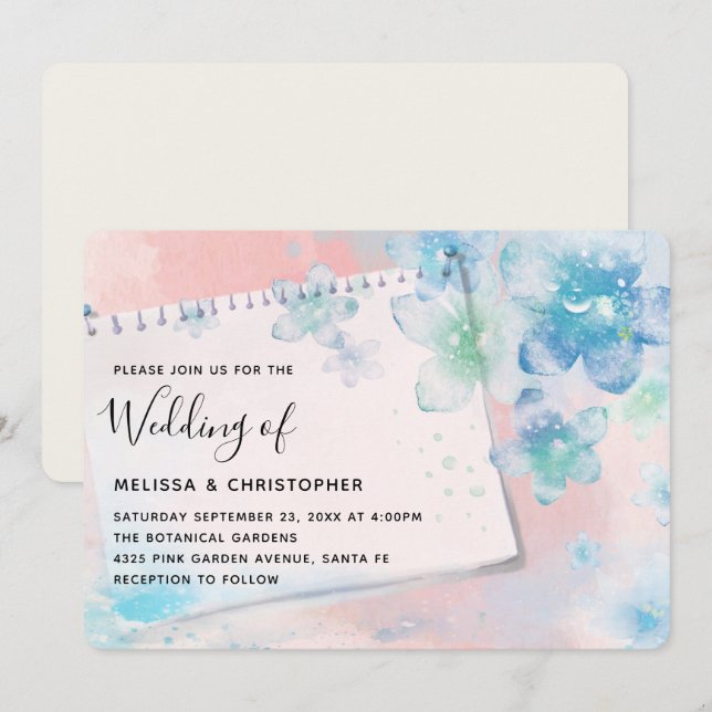 Invitación Flores Azules Bonitas sobre Fondo Rosa Boda (Anverso / Reverso)
