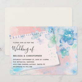 Invitación Flores Azules Bonitas sobre Fondo Rosa Boda