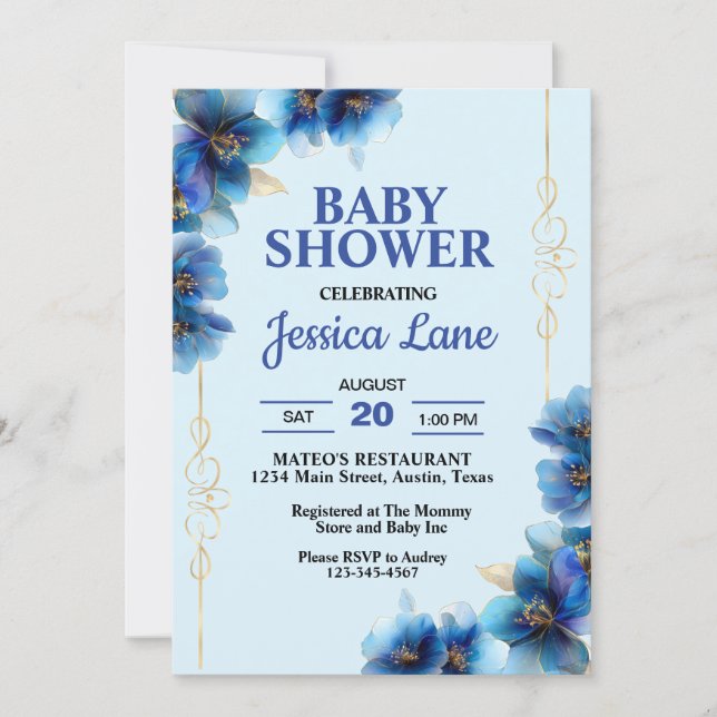 Invitación Flores Azules Brillantes Niño Shower de Bebé (Anverso)