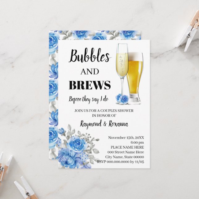 Invitación Flores azules burbuja y brea duchas de parejas (Anverso/Reverso In Situ)