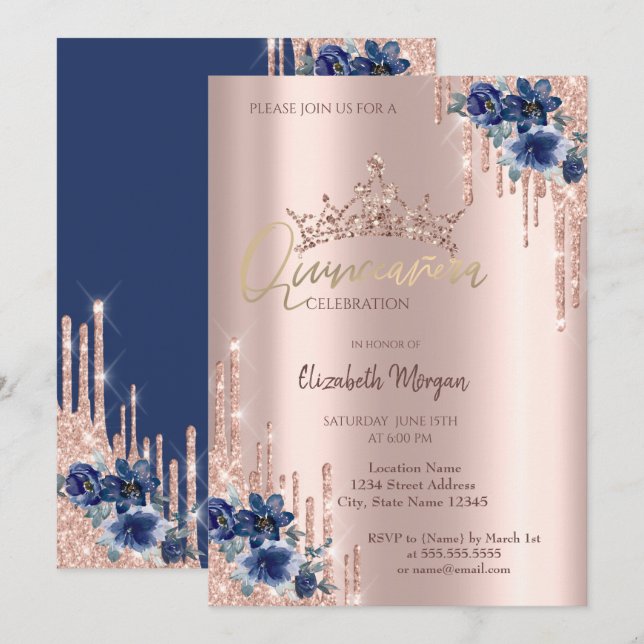 Invitación Flores azules caídas de la corona purpurina Quince (Anverso / Reverso)